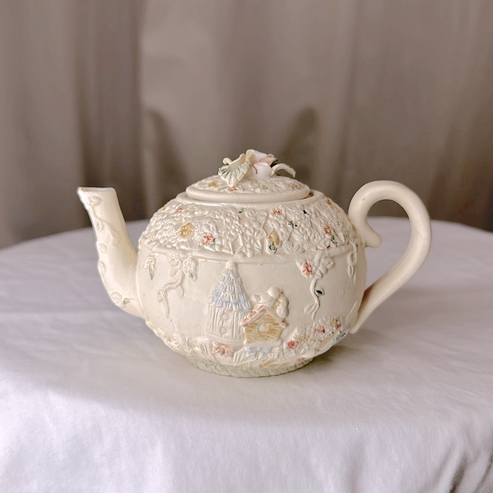Ornate Vintage Floral Teapot with Rose Adorned Top, Birdhouse Design - 5" x 3.5"